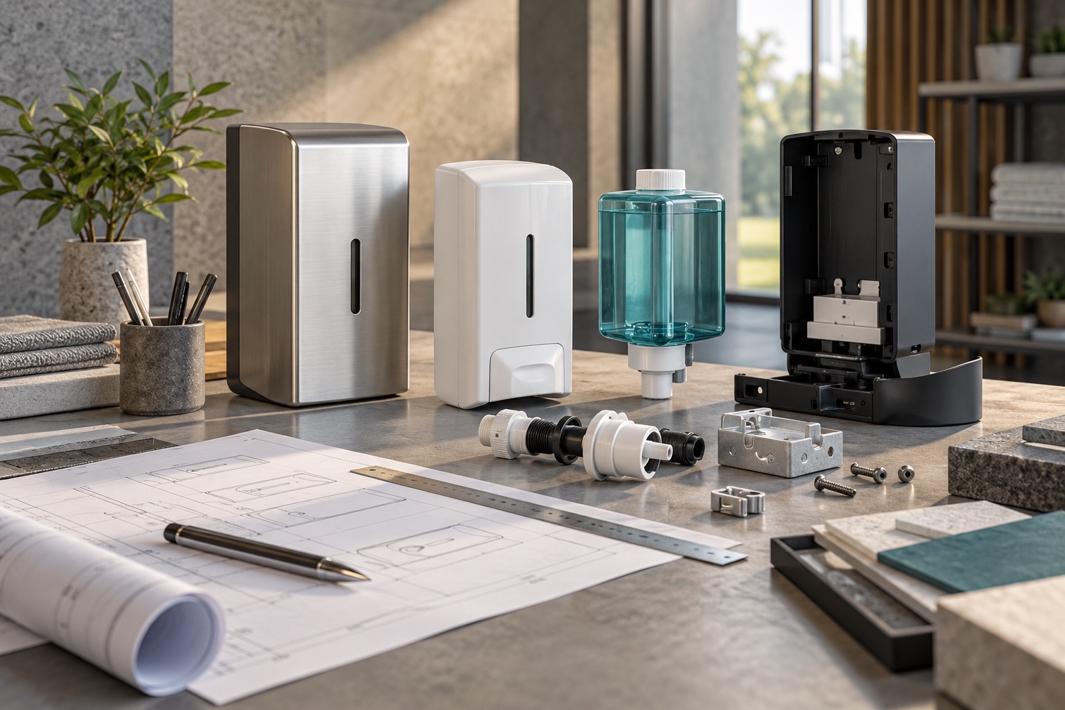 A carefully arranged worktable with commercial dispenser components, refill cartridges and drafting tools