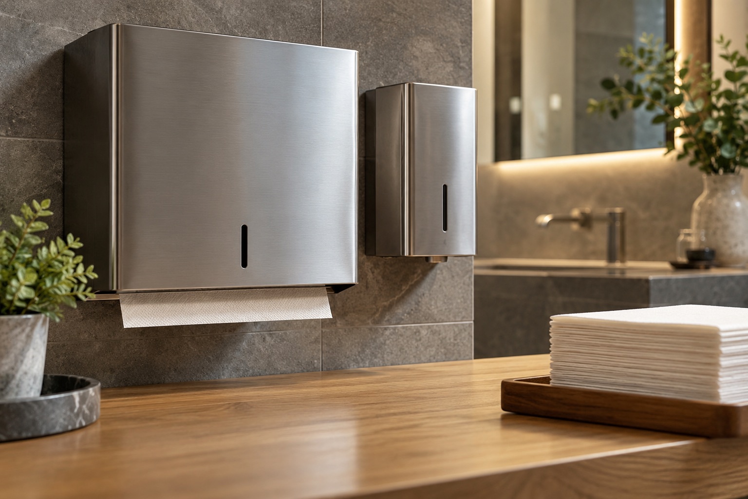 Boîtiers de distributeurs en acier et essuie-mains sur une surface en bois