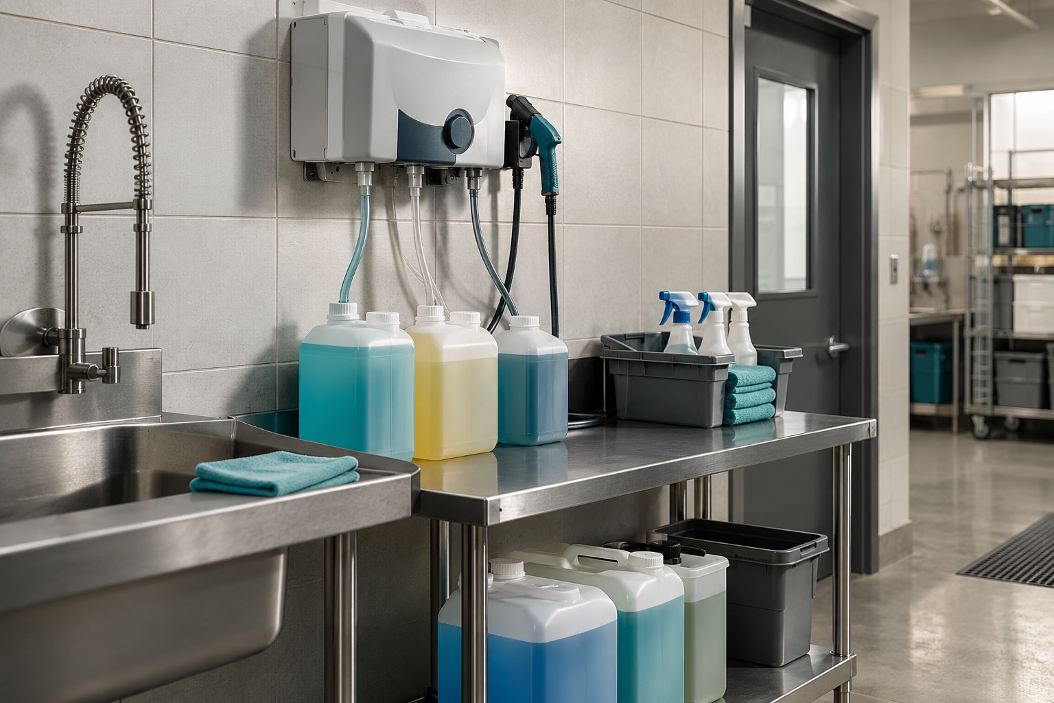 An orderly janitorial mixing station with closed chemical containers and a wall dilution unit, no readable labels