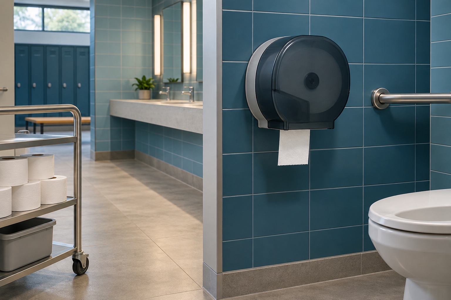 A wall toilet-tissue dispenser with spare rolls on a cart