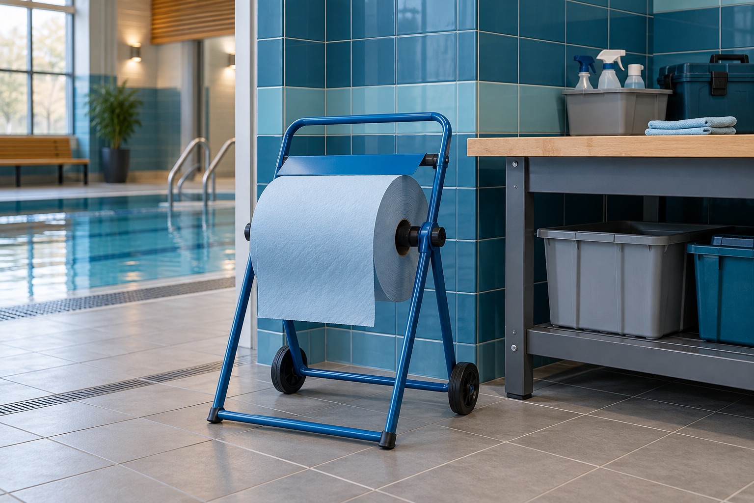 A blue industrial wiping-roll stand beside a workbench