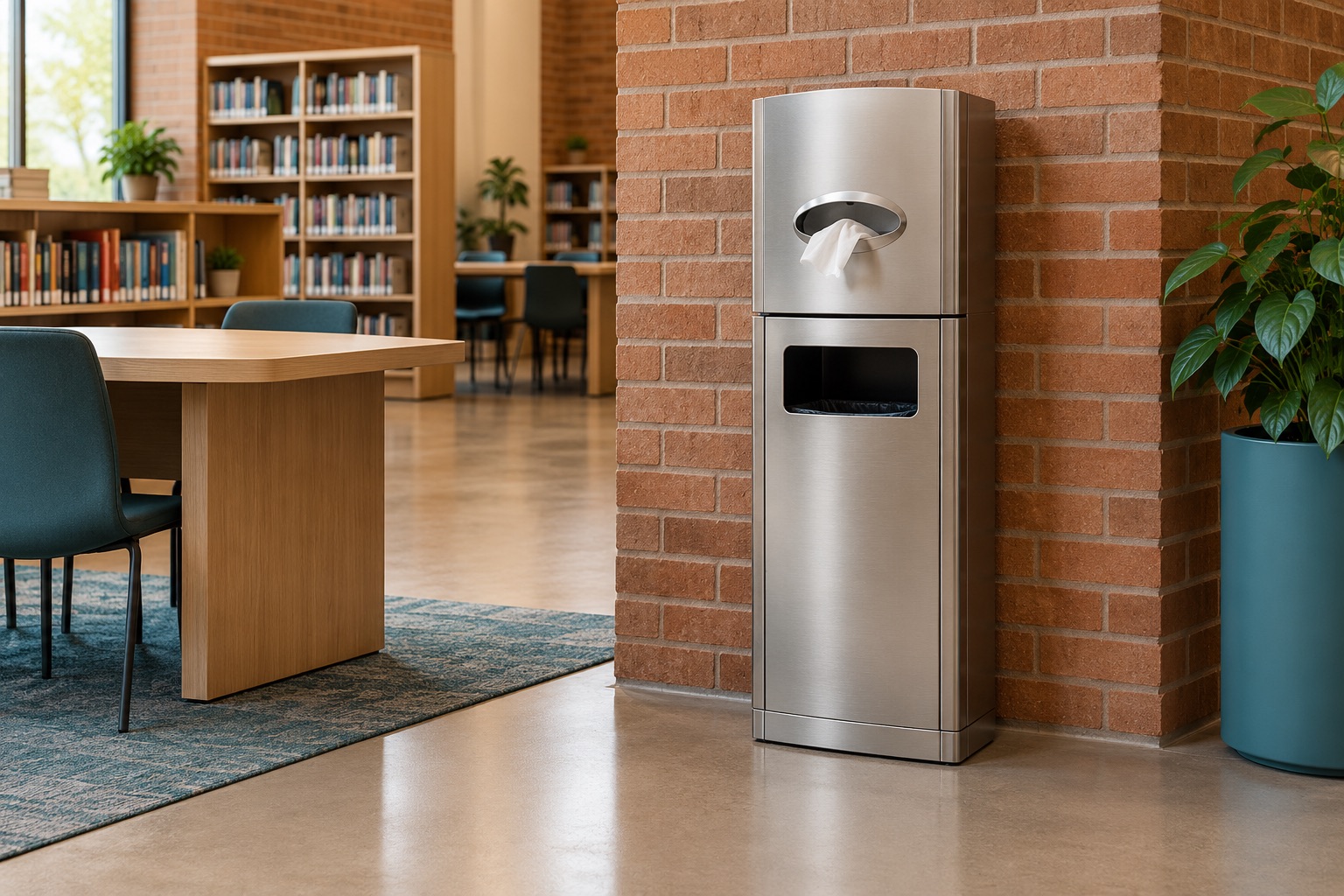 A stainless steel wipes station with a waste compartment