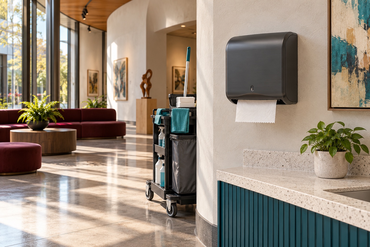 Un distributeur de papier à mains sans contact et un chariot de recharges