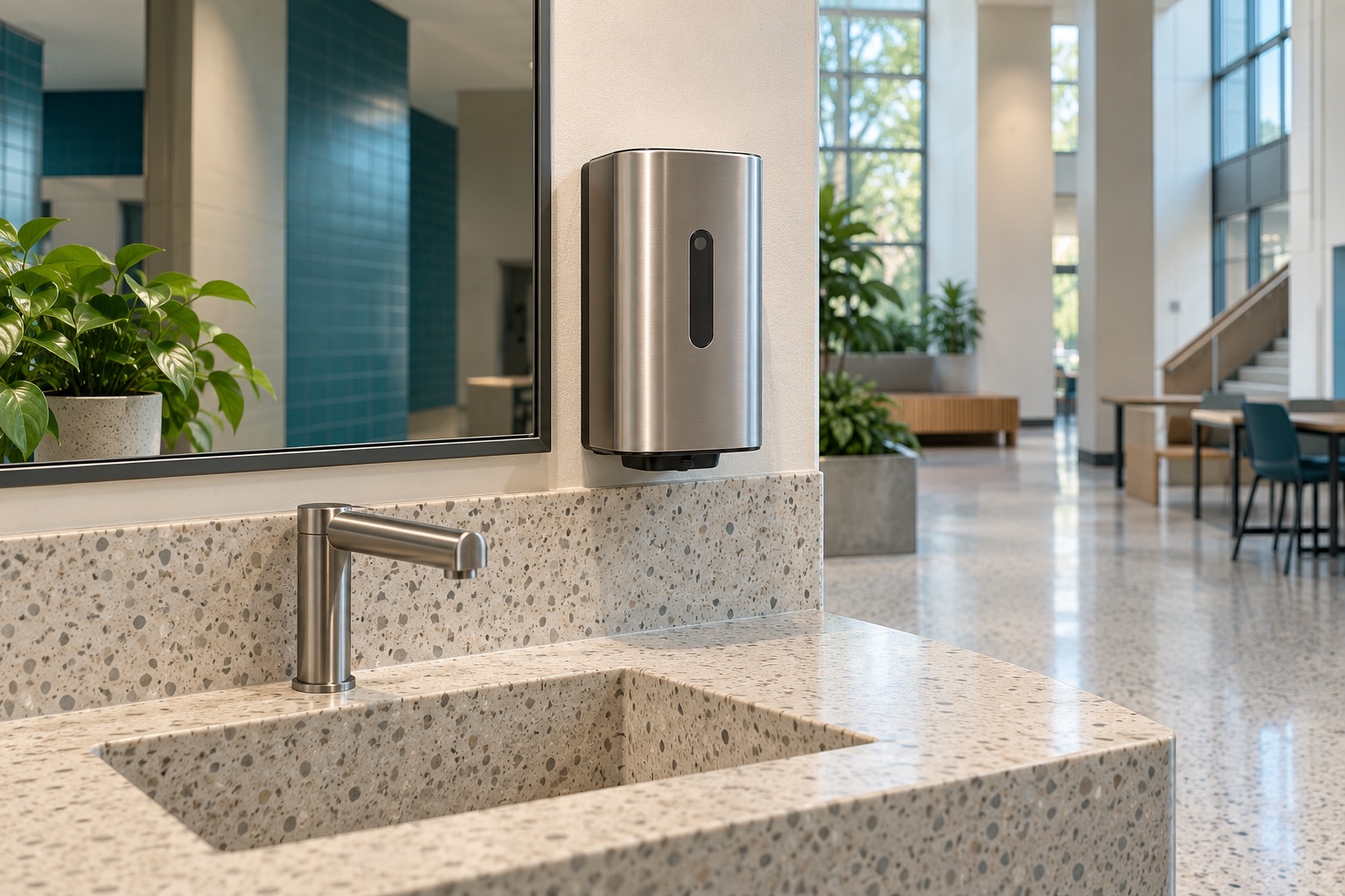 A brushed steel touchless soap dispenser at a handwashing station