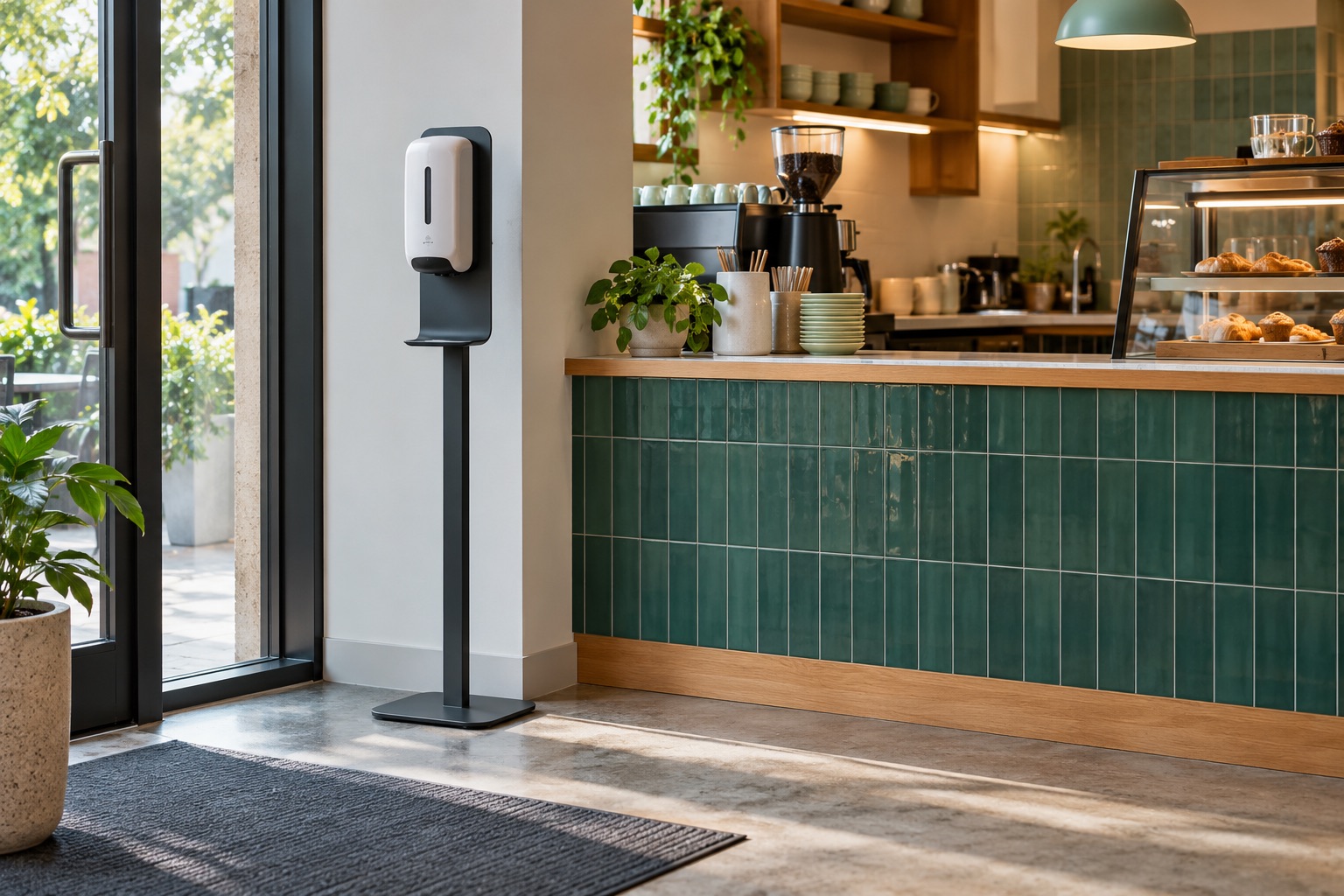 A freestanding sanitizer station beside an entrance