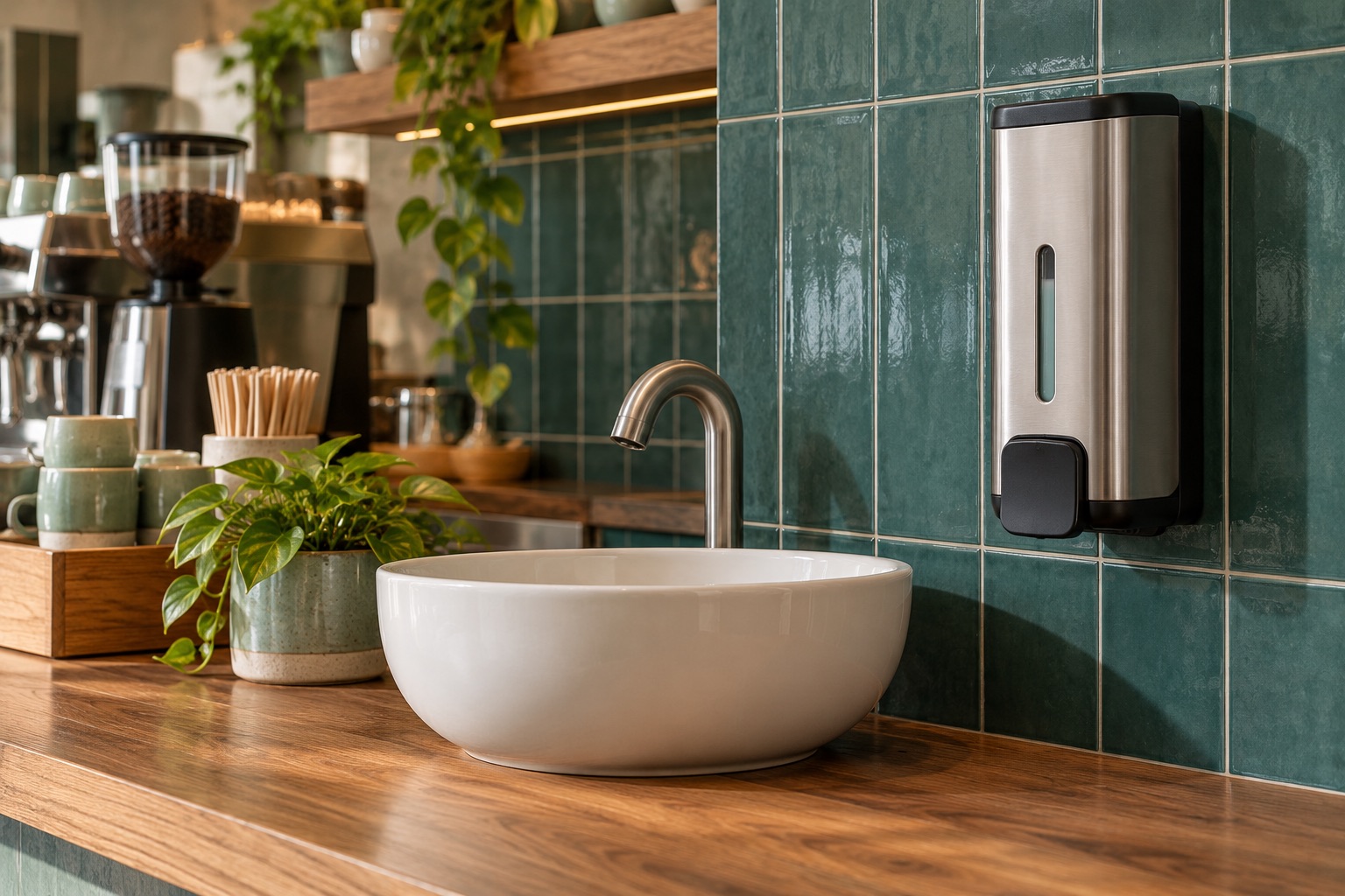 A refillable manual soap dispenser beside a ceramic basin