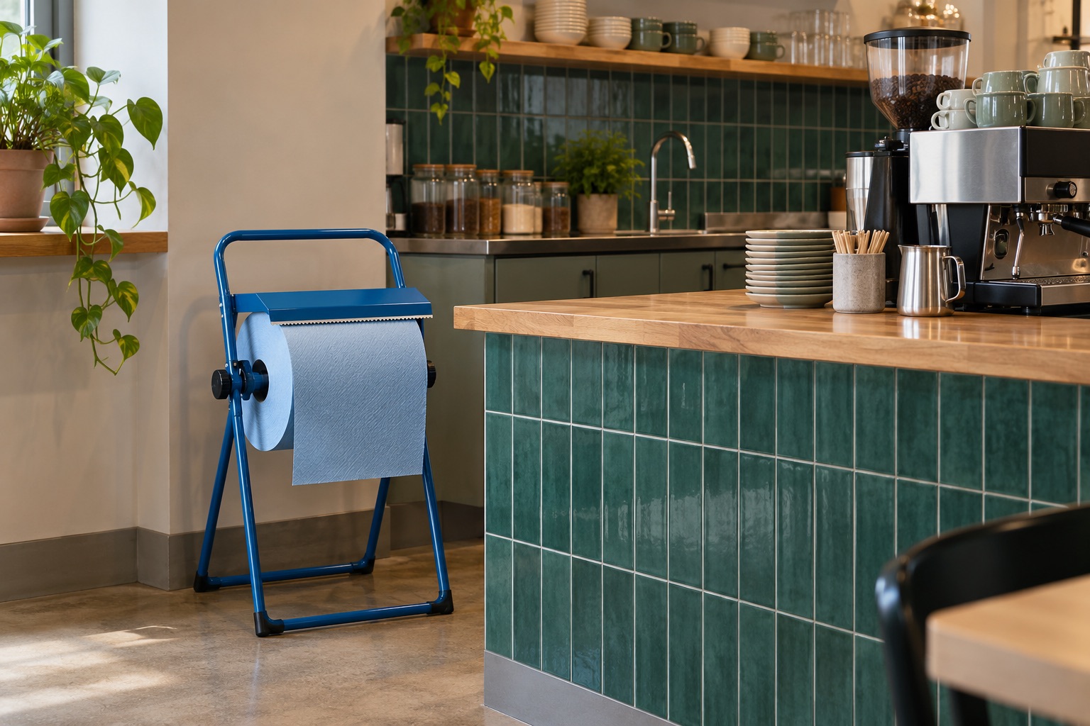 A blue industrial wiping-roll stand beside a workbench