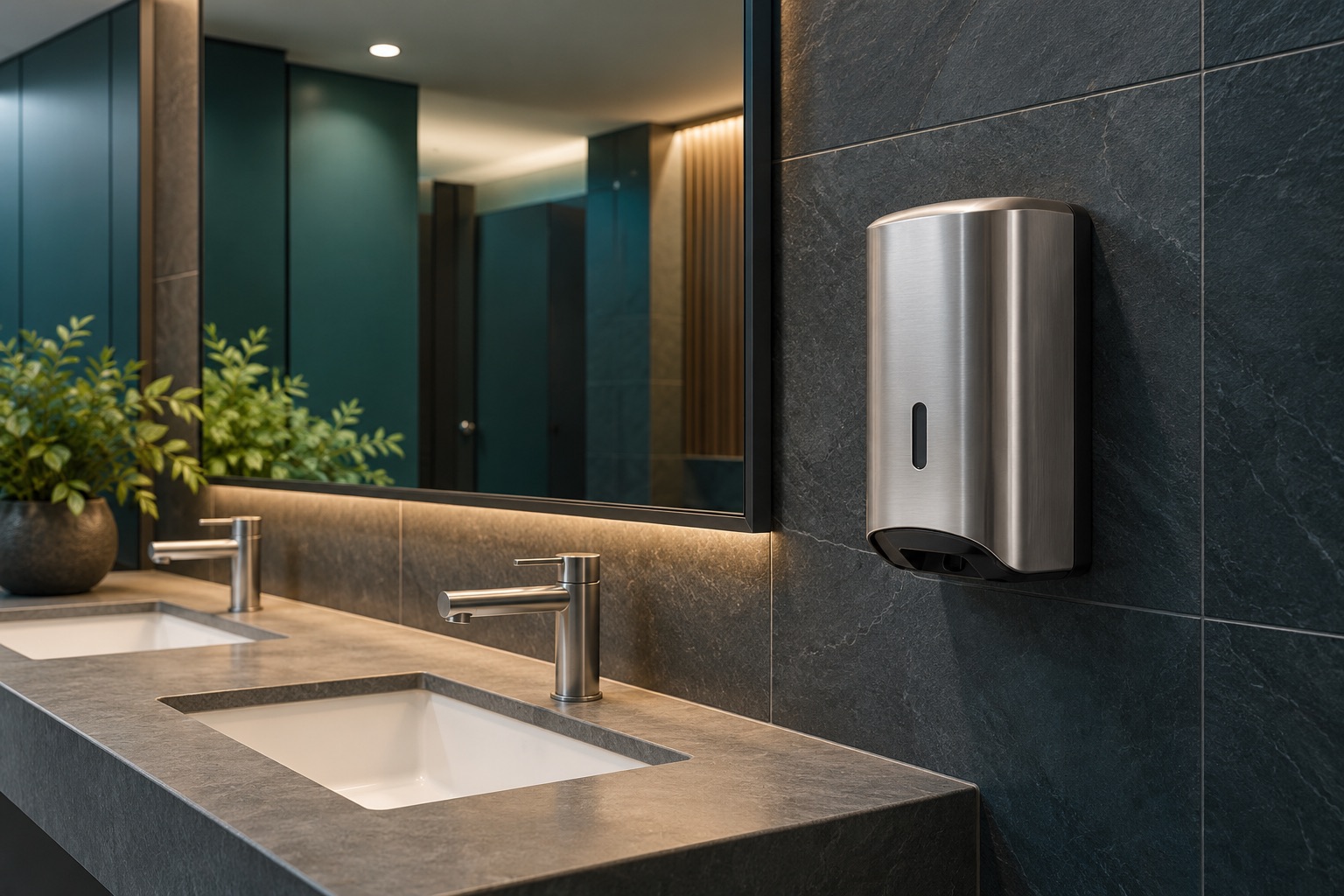 A brushed steel touchless soap dispenser at a handwashing station