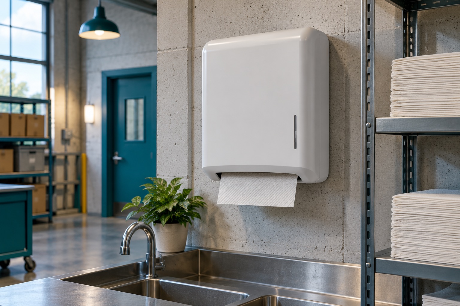 Un distributeur mural de papier à mains blanc et des recharges sur une tablette
