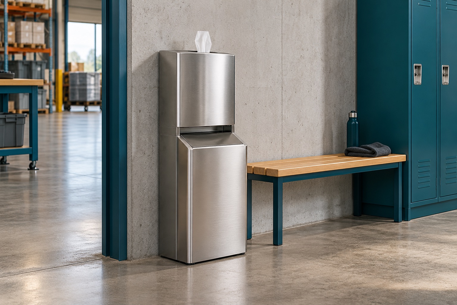 A stainless steel wipes station with a waste compartment