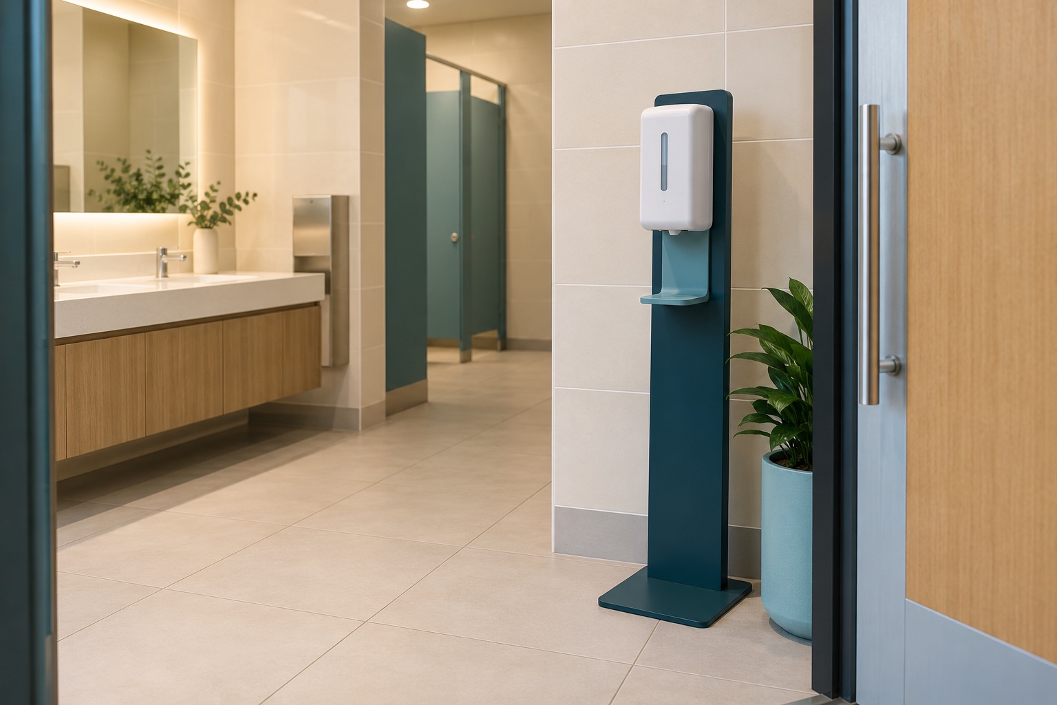 A freestanding sanitizer station beside an entrance