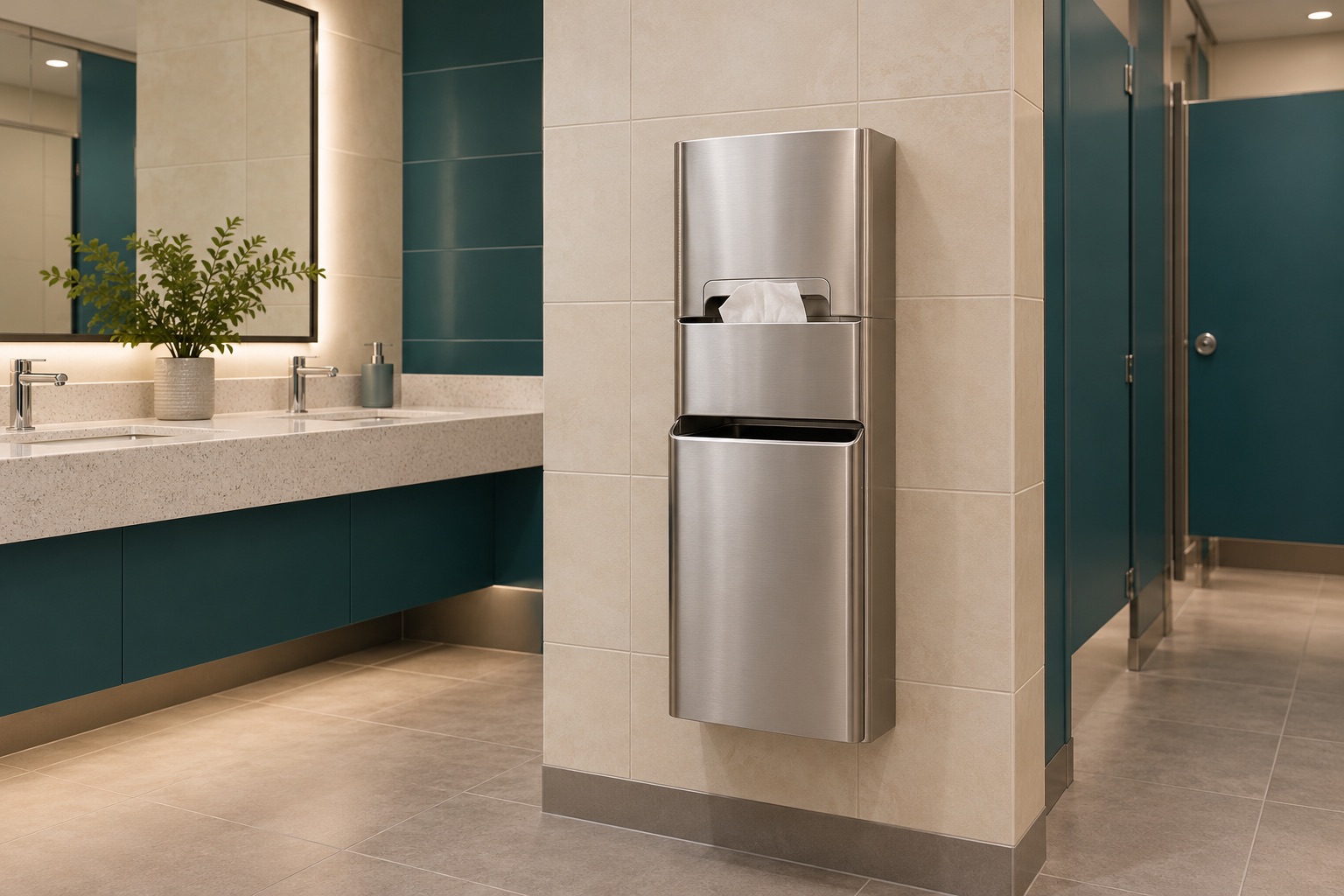 A stainless steel wipes station with a waste compartment