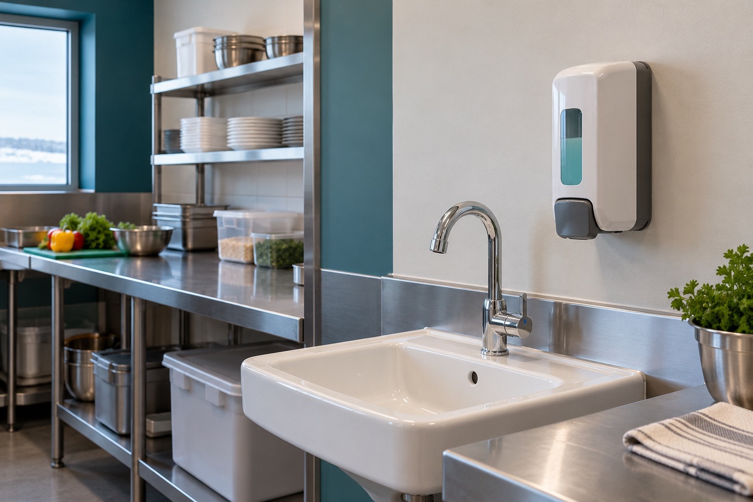 A refillable manual soap dispenser beside a ceramic basin