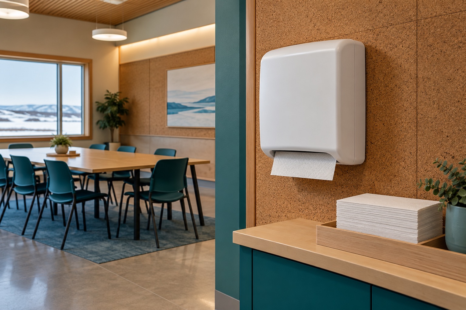 Un distributeur mural de papier à mains blanc et des recharges sur une tablette