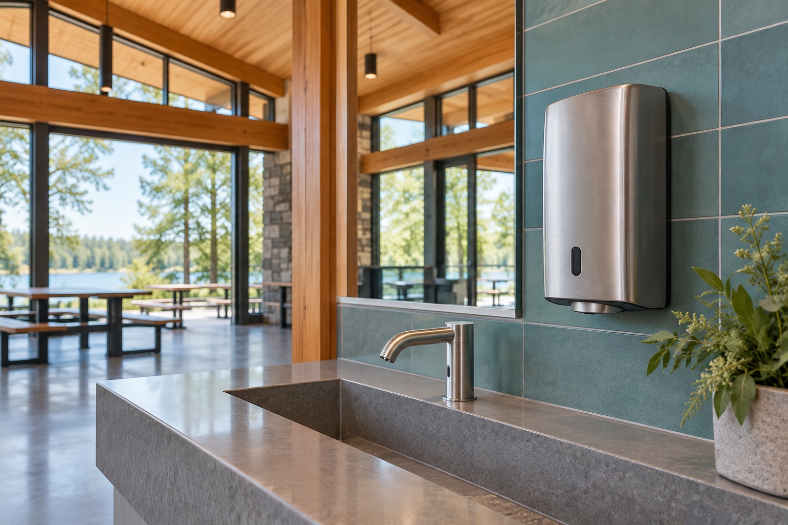 A brushed steel touchless soap dispenser at a handwashing station