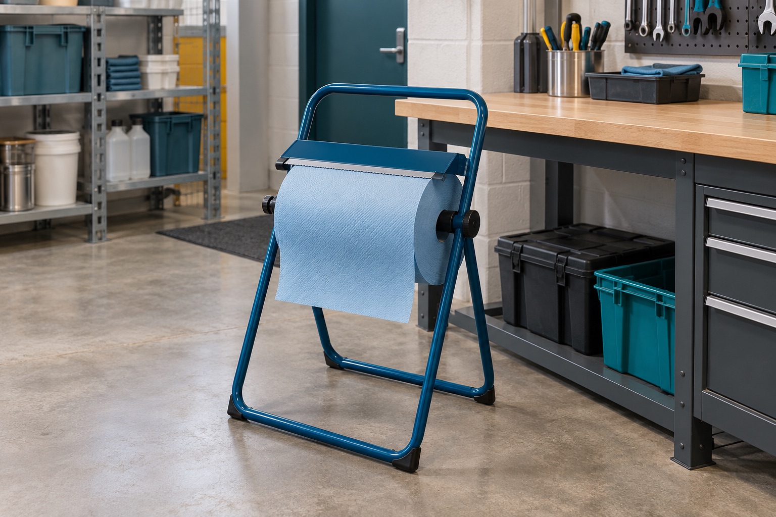 A blue industrial wiping-roll stand beside a workbench