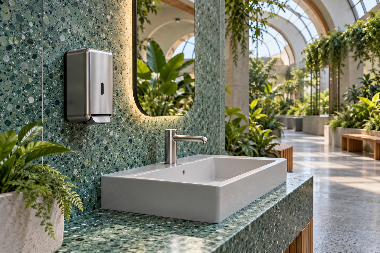 A stainless steel foam soap dispenser beside a handwashing basin