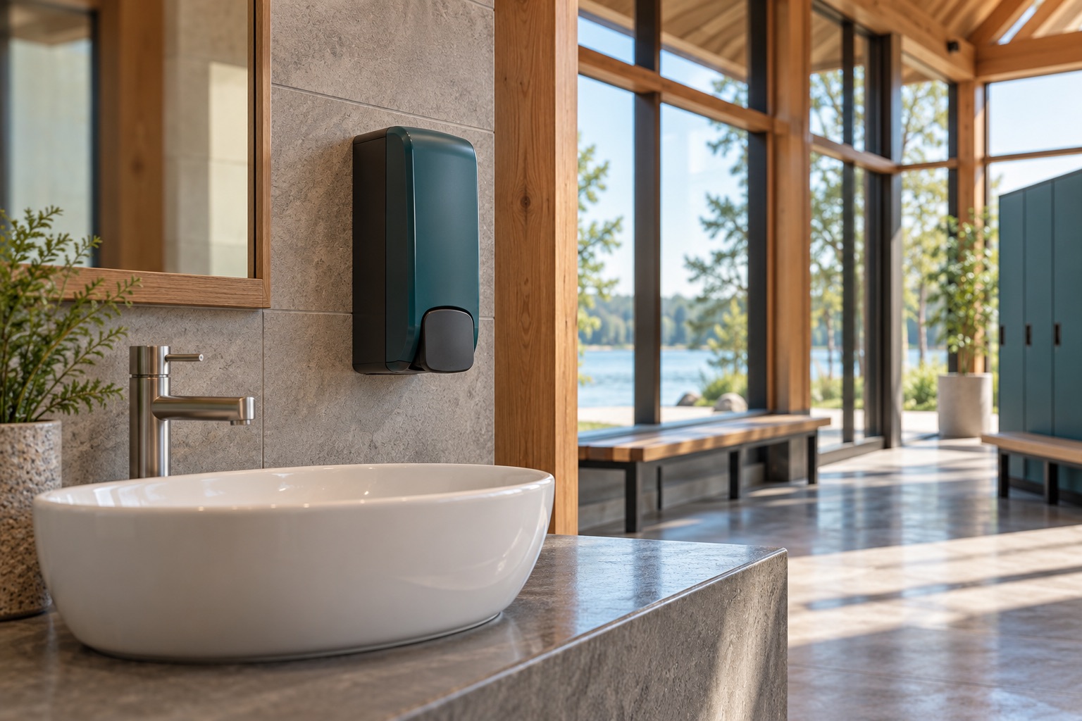 A refillable manual soap dispenser beside a ceramic basin
