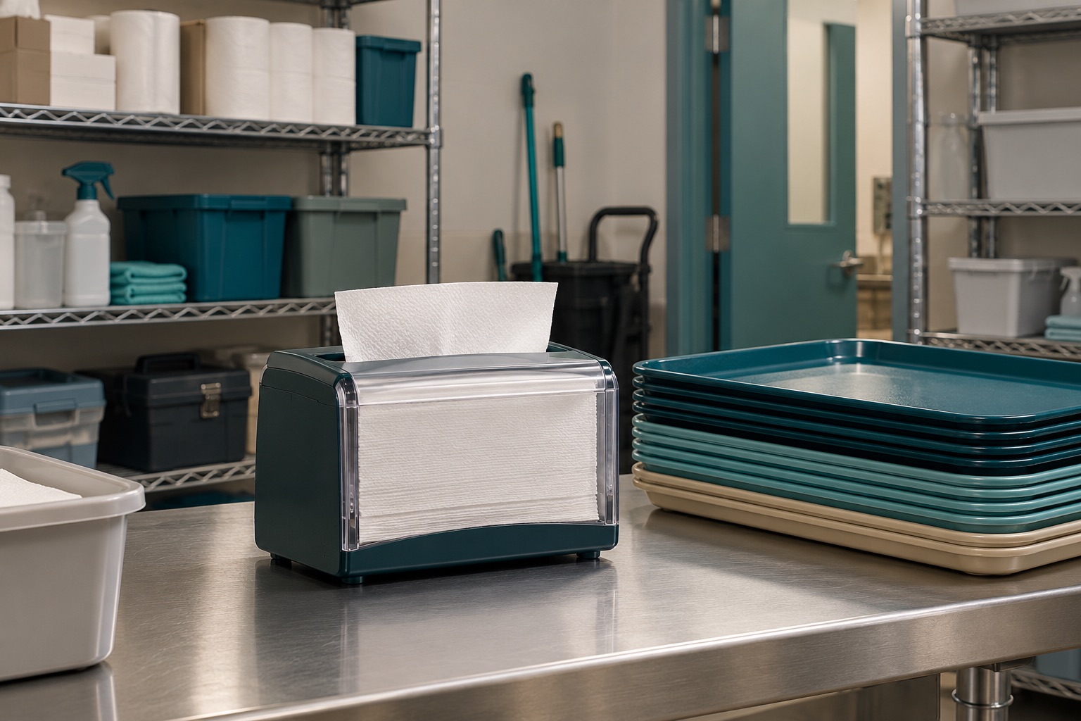 Un distributeur de serviettes de table près de plateaux empilés