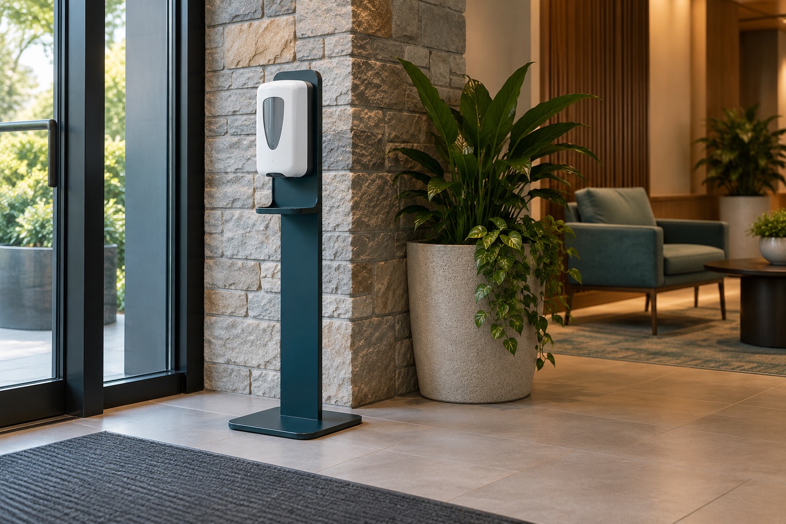 A freestanding sanitizer station beside an entrance