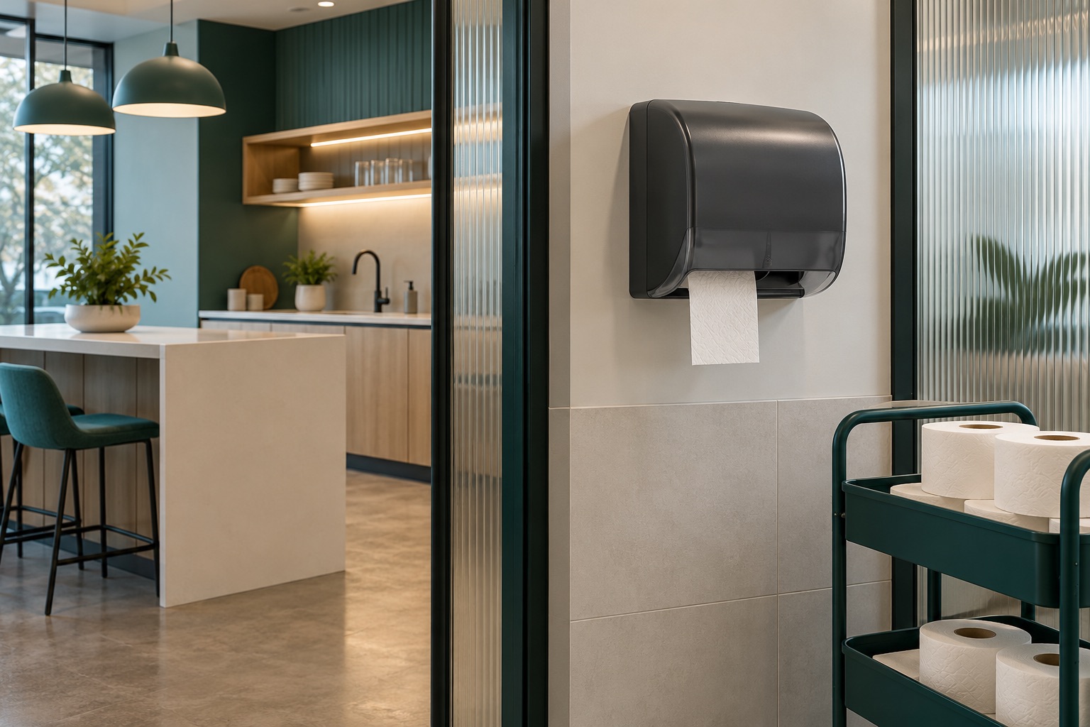 A wall toilet-tissue dispenser with spare rolls on a cart