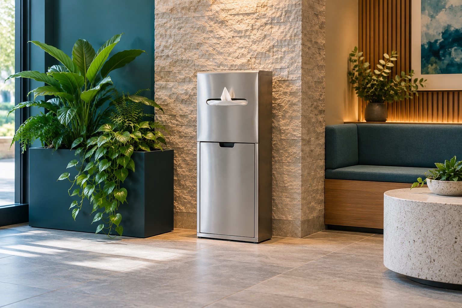 A stainless steel wipes station with a waste compartment