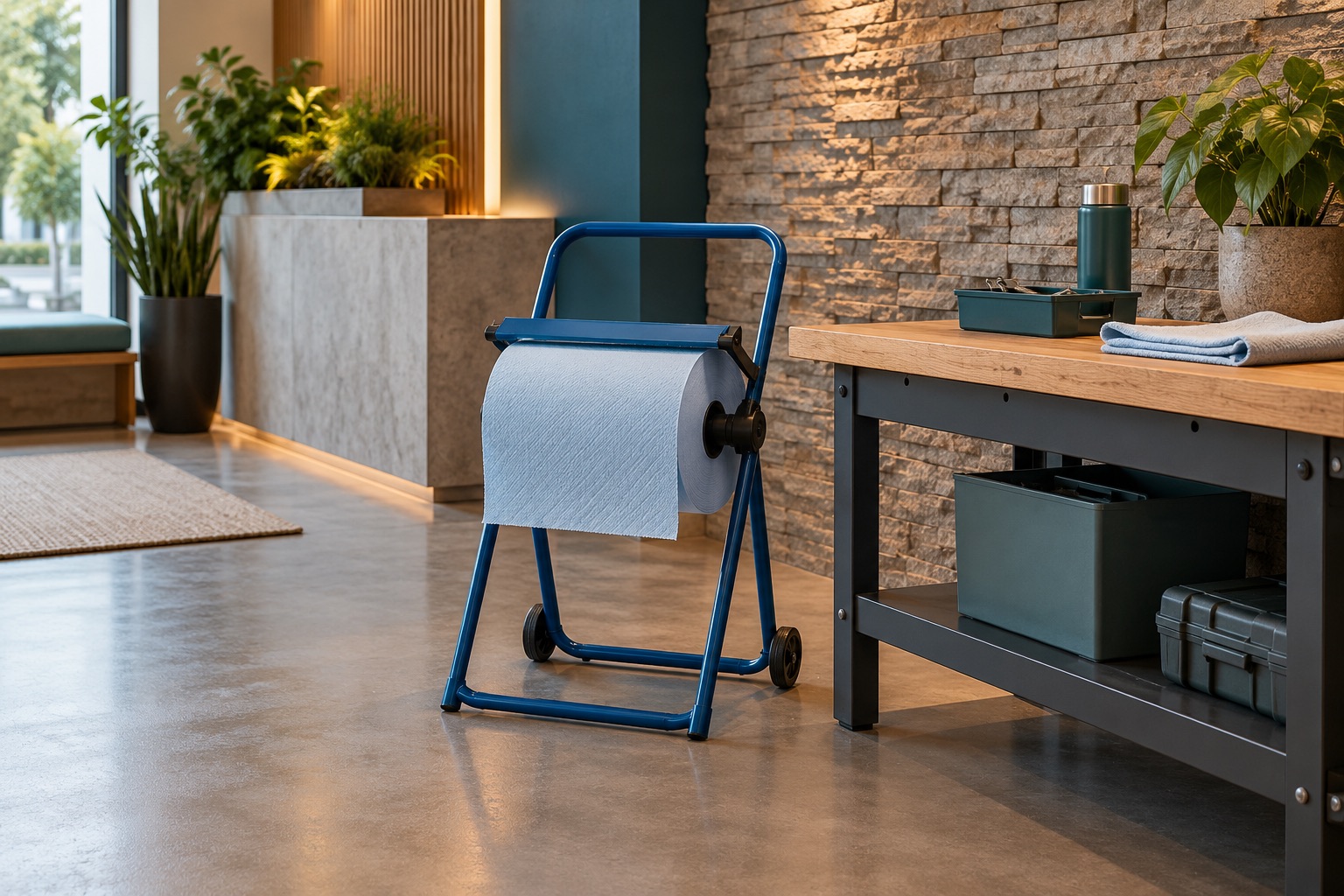 A blue industrial wiping-roll stand beside a workbench
