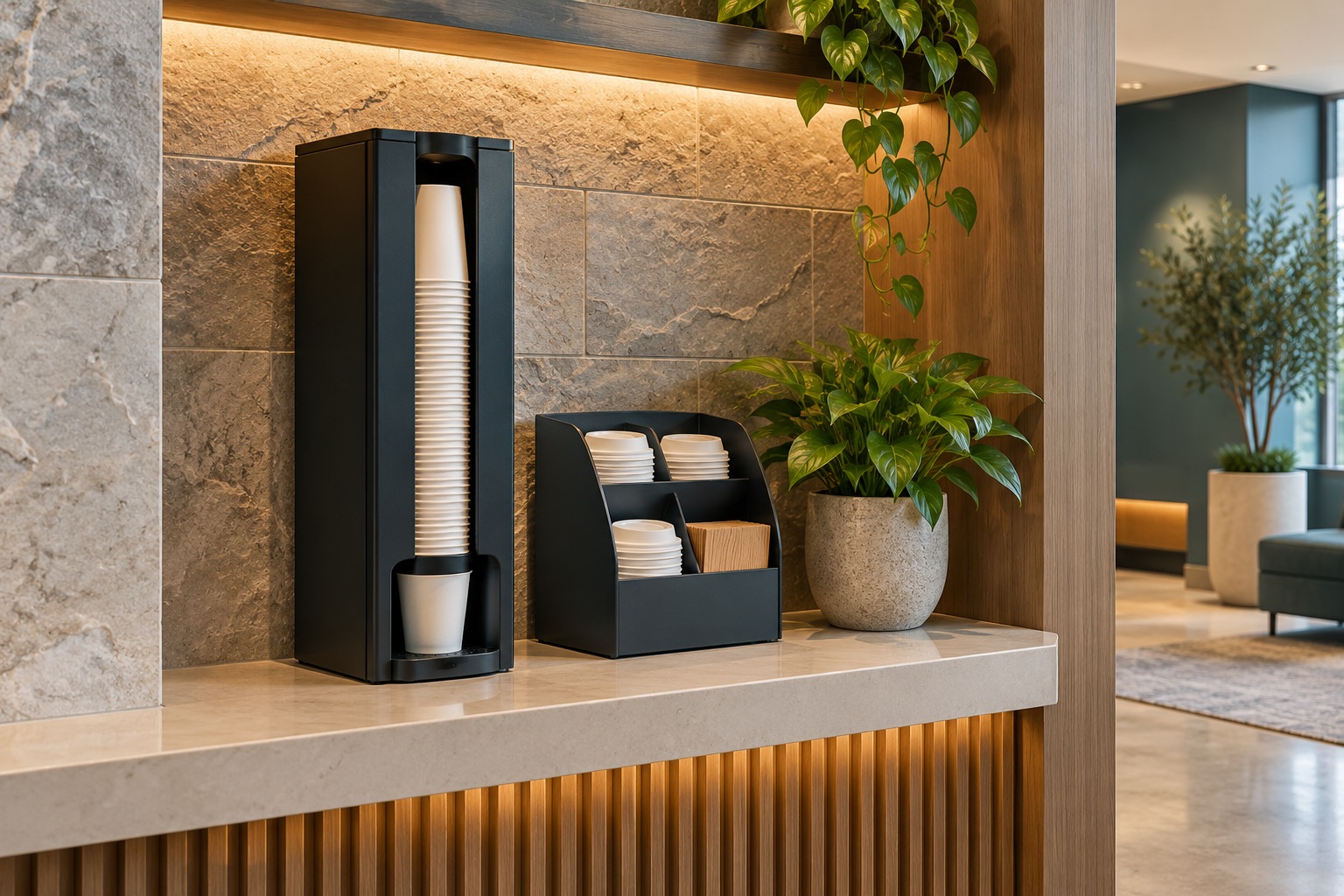 Un distributeur de gobelets encastré et un rangement pour couvercles