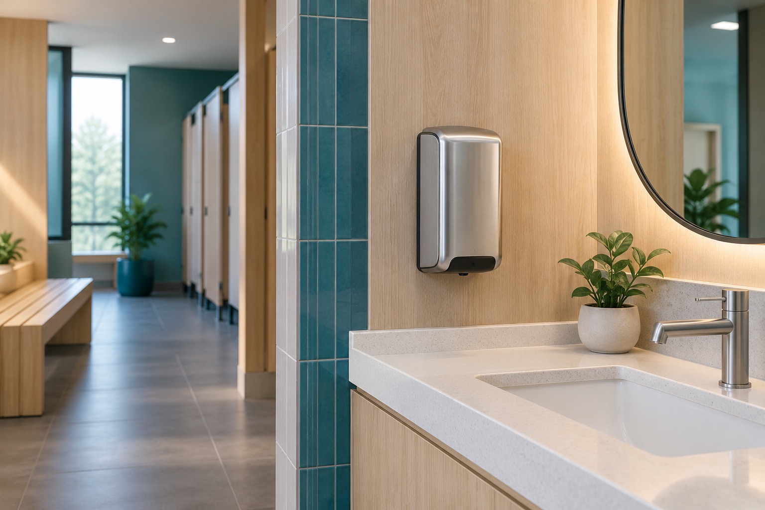 A brushed steel touchless soap dispenser at a handwashing station