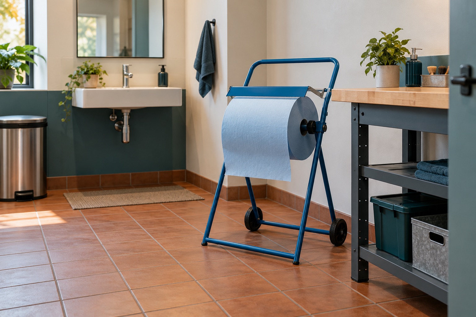 A blue industrial wiping-roll stand beside a workbench