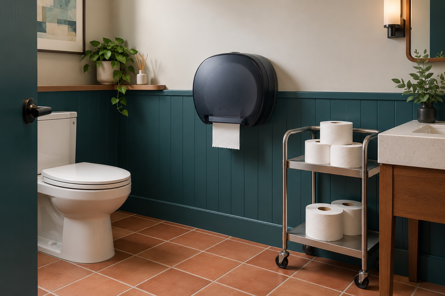 A wall toilet-tissue dispenser with spare rolls on a cart