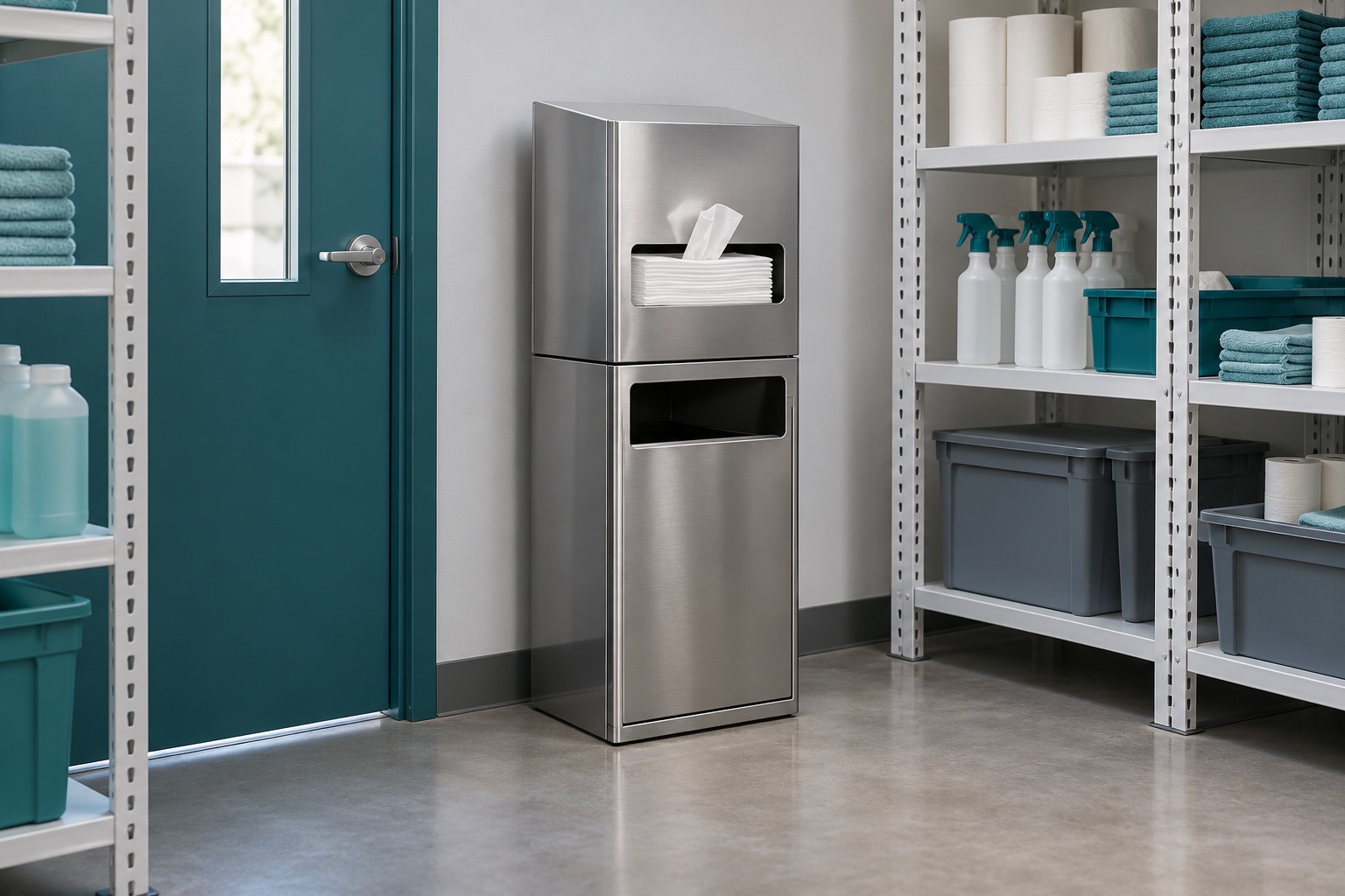 A stainless steel wipes station with a waste compartment