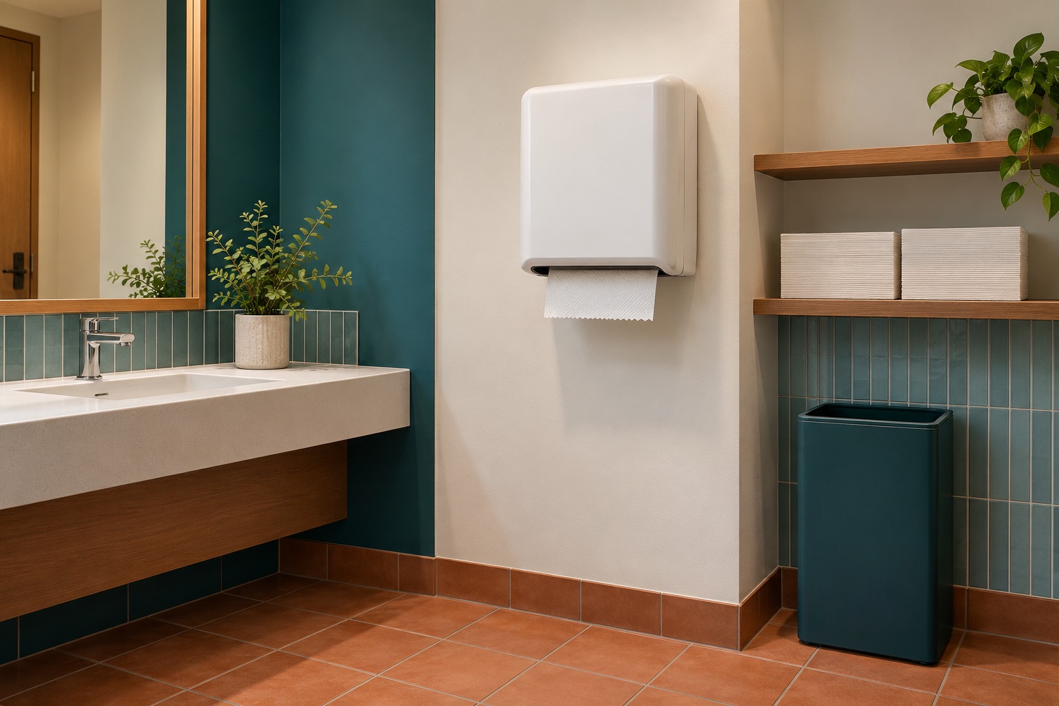 Un distributeur mural de papier à mains blanc et des recharges sur une tablette