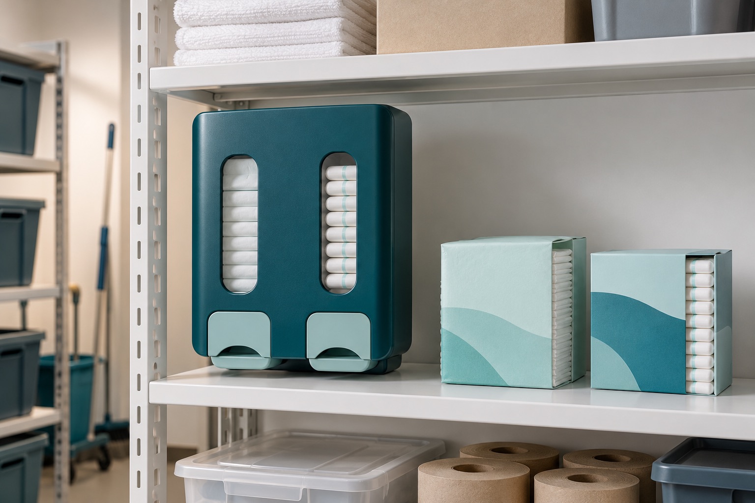 Un distributeur de produits menstruels et deux emballages de recharge