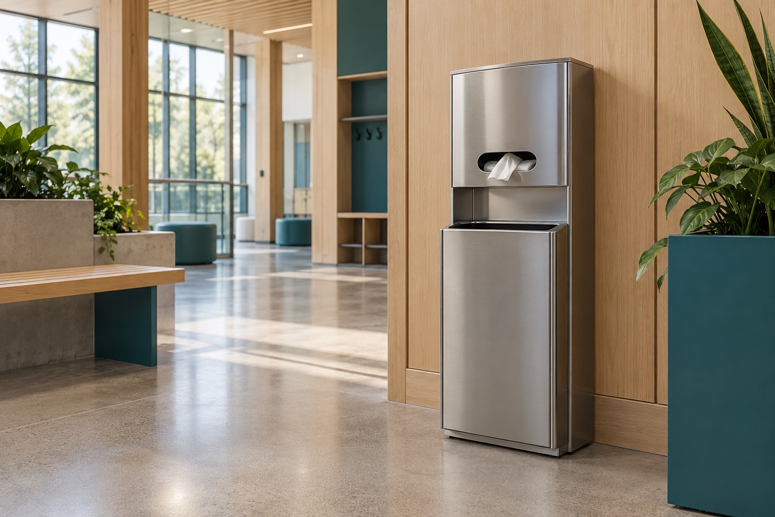 A stainless steel wipes station with a waste compartment