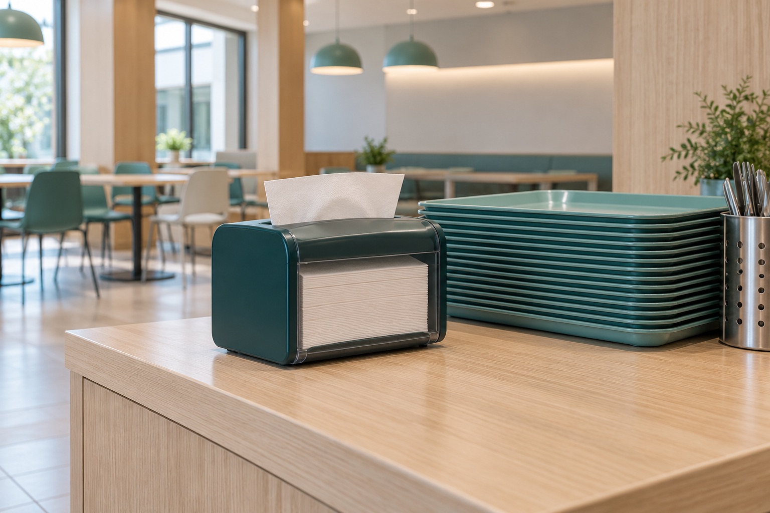 Un distributeur de serviettes de table près de plateaux empilés