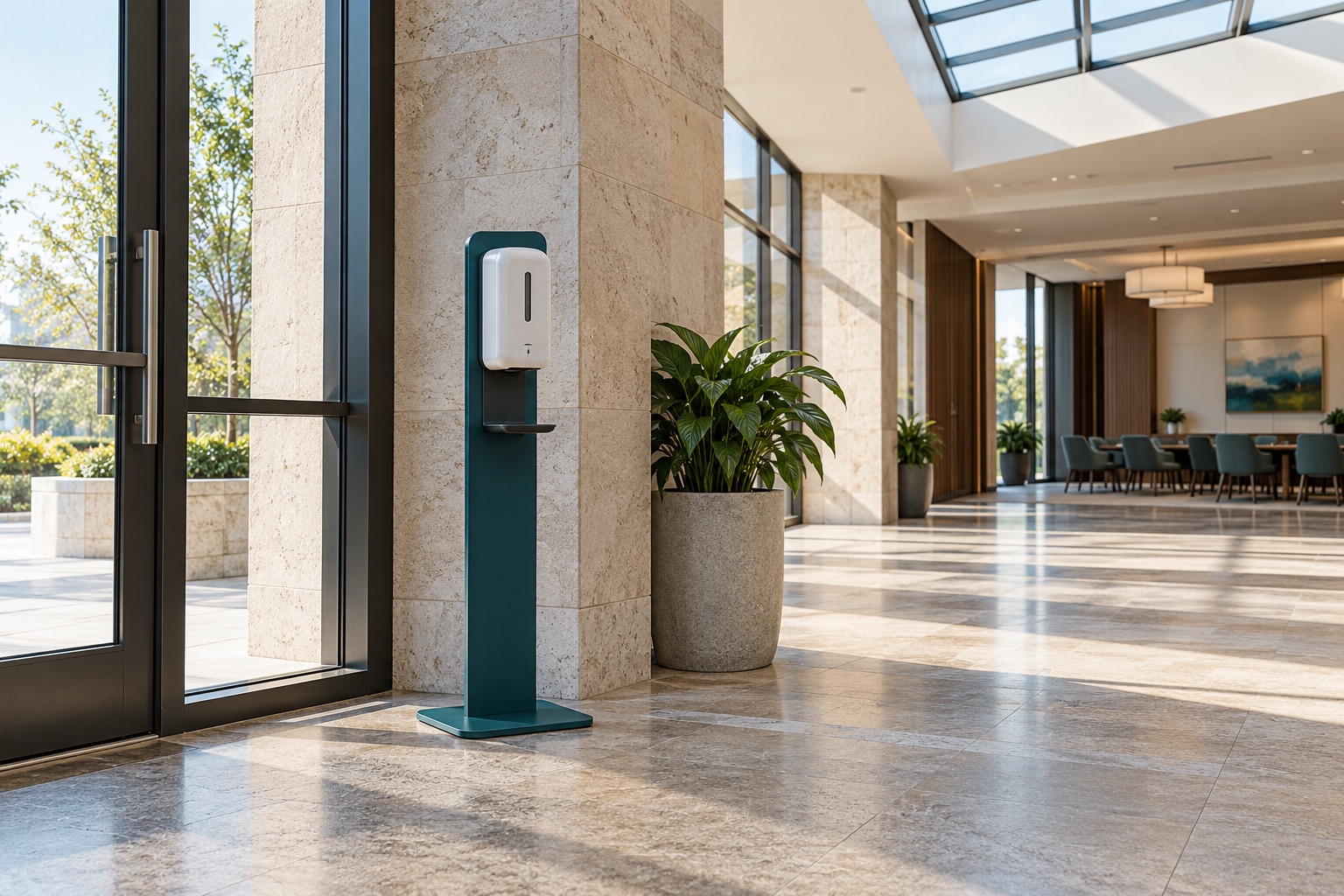 A freestanding sanitizer station beside an entrance