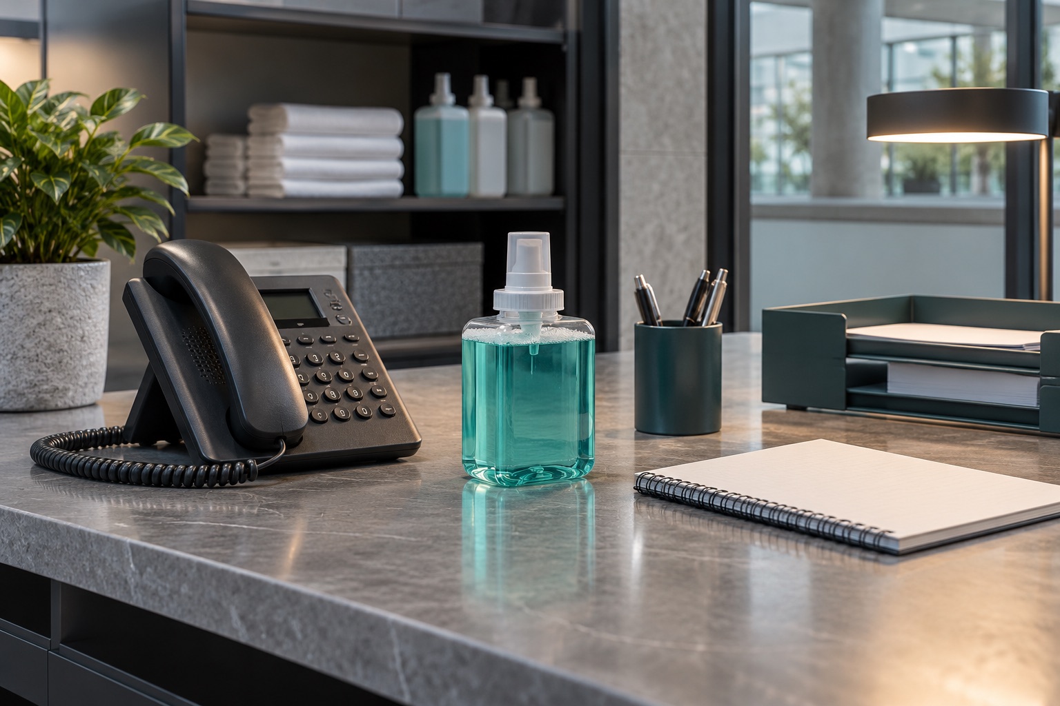 A tidy facility procurement desk with a phone handset, sample soap refill and blank notebook