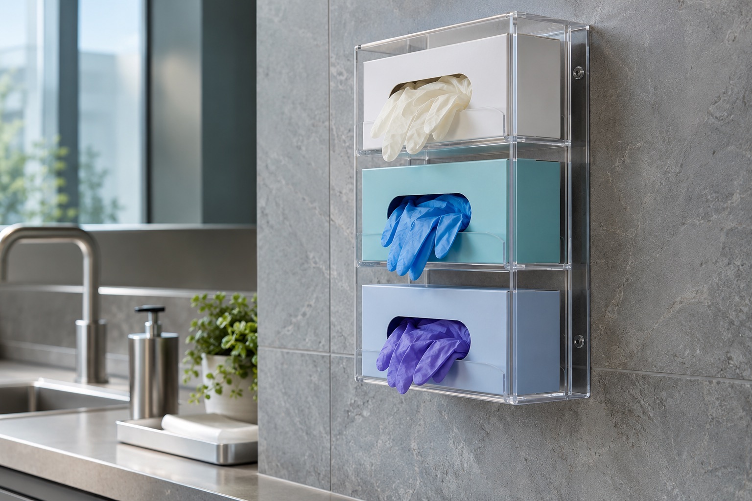 A clear three-compartment wall glove-box holder with three different plain glove boxes