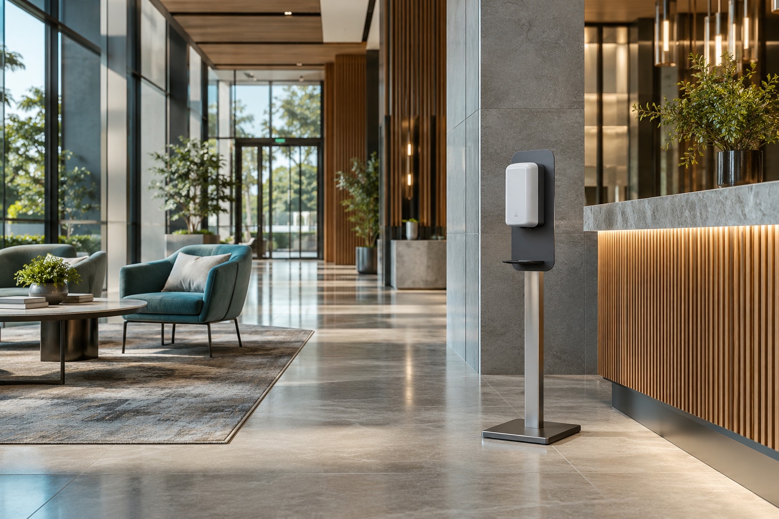 Station de désinfection sur pied dans un hall lumineux aux accents de bois