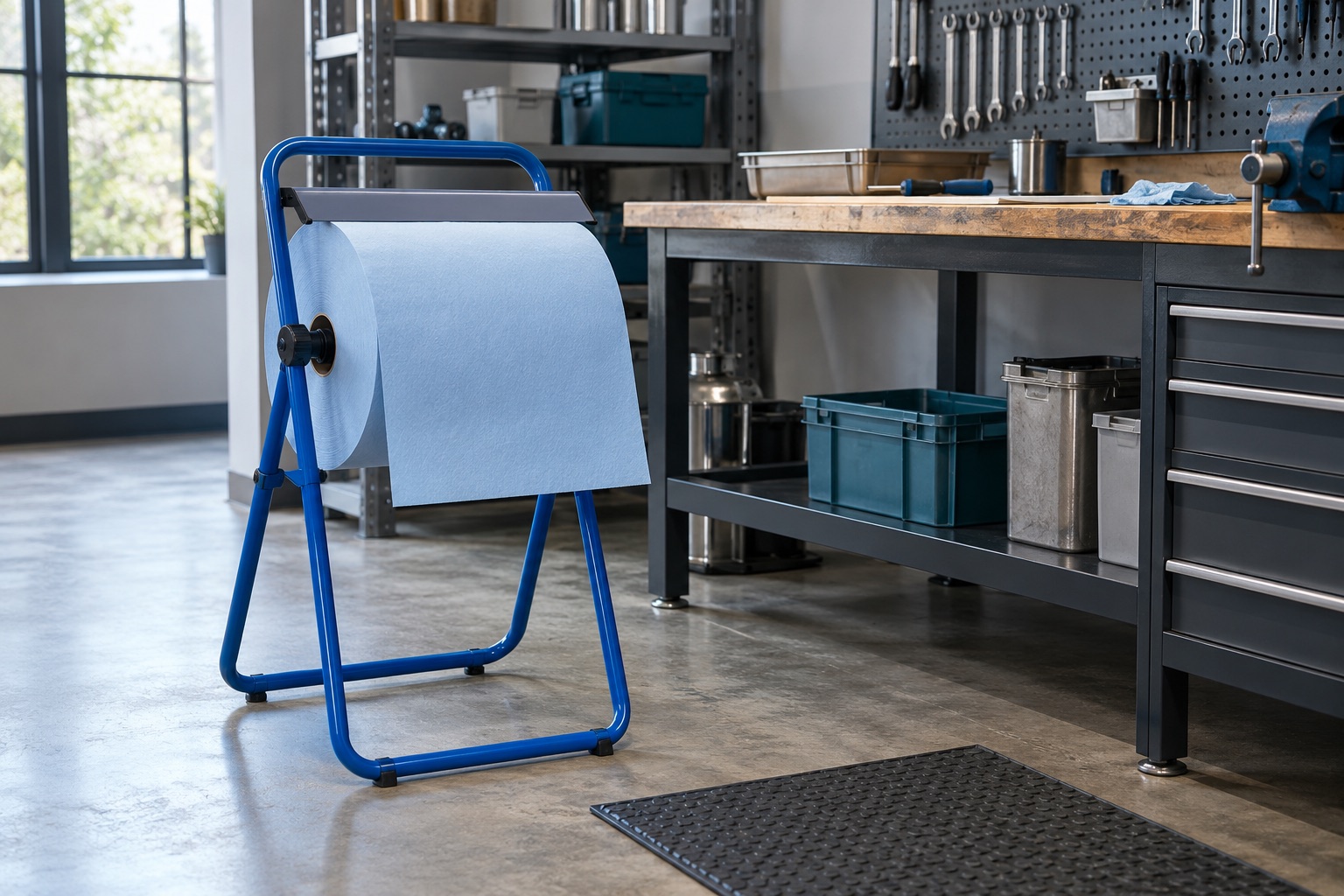 A freestanding blue industrial paper roll stand at an organized workshop bench