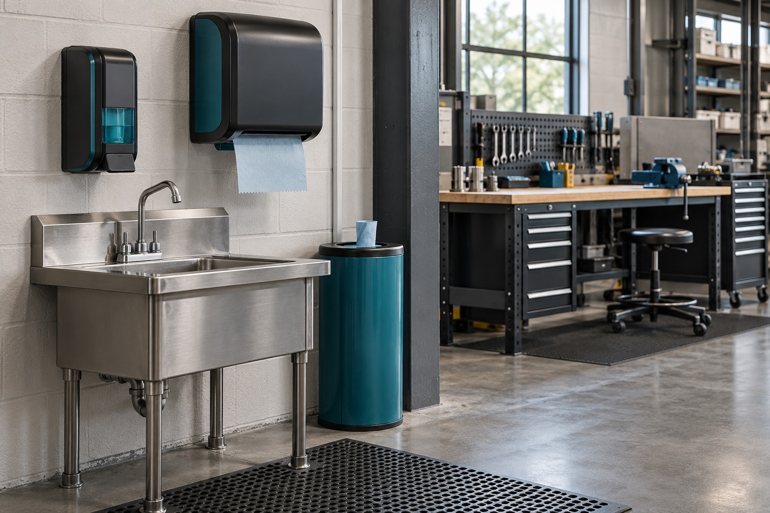 A clean workshop handwashing corner with soap and industrial wiper dispensing, workbench visible beyond