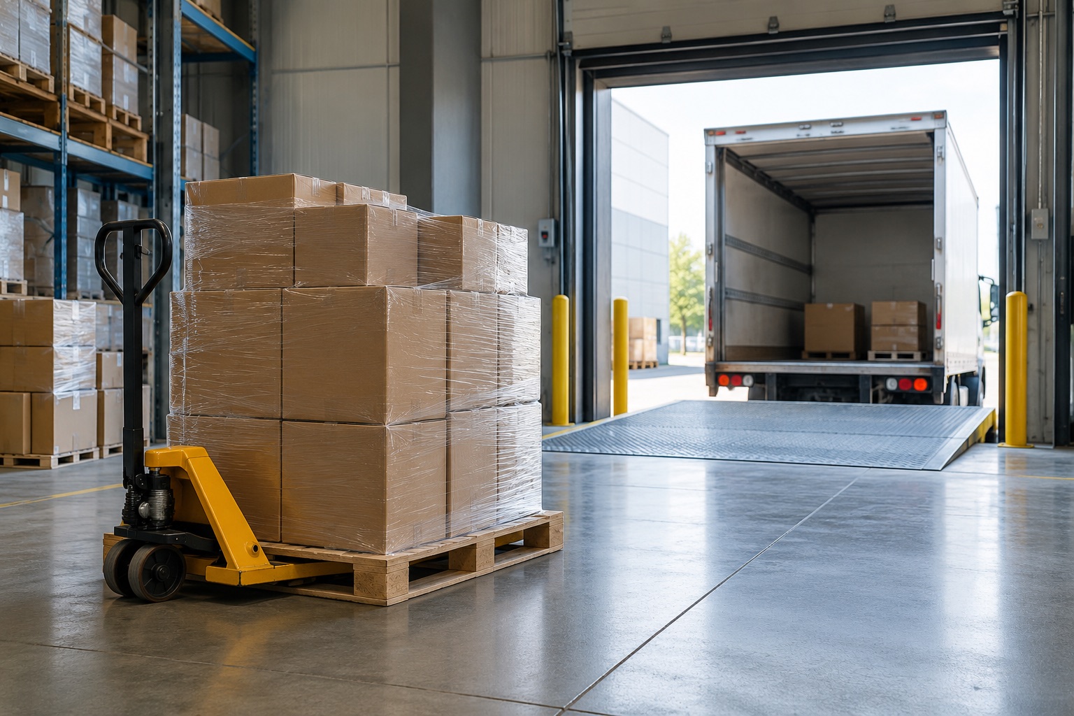 A facility receiving area with a pallet of plain packaged dispenser supplies and open loading bay