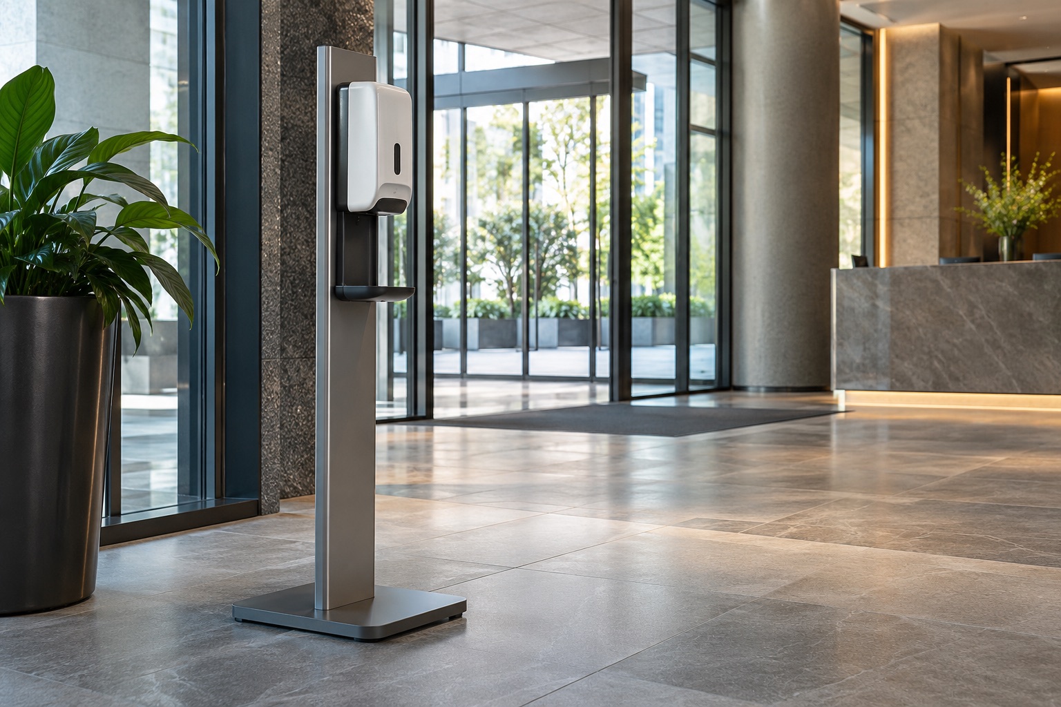 A heavy-base freestanding sanitizer stand with drip tray in a spacious entrance
