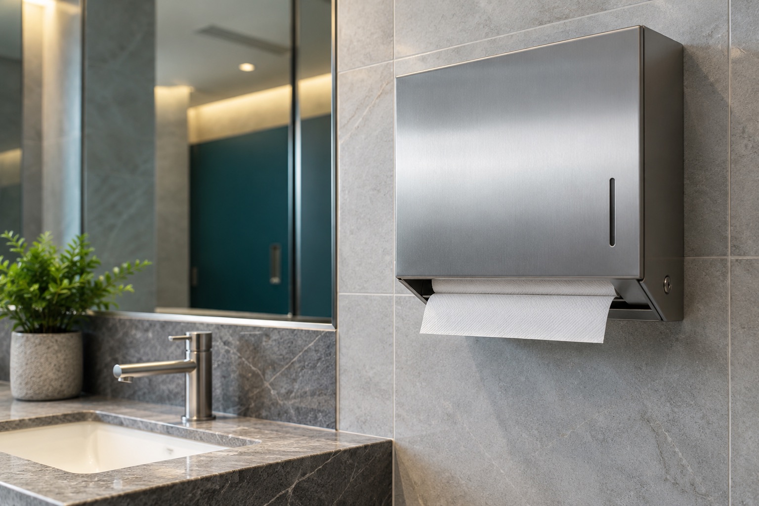 A stainless folded-paper towel dispenser with white folded towels at a clean tiled wall