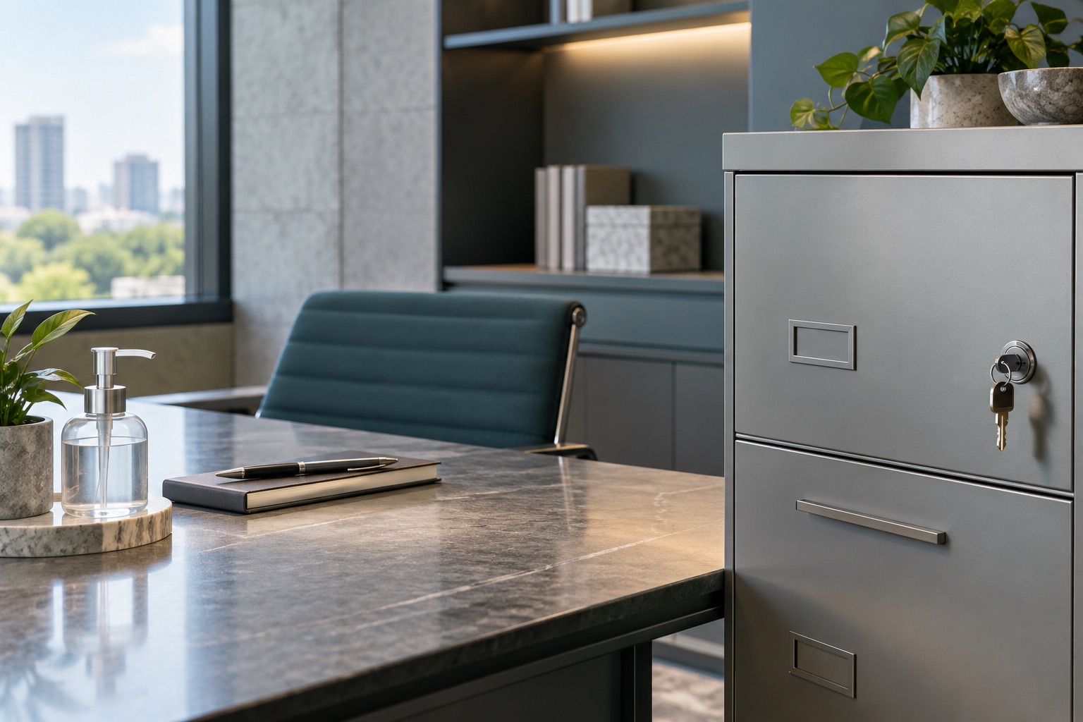Classeur fermé et espace de travail avec une pompe de désinfectant