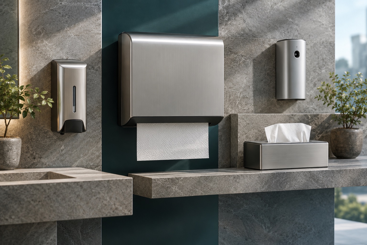 An organized studio arrangement of a soap dispenser, roll towel unit, tissue holder and compact air dispenser on staggered shelves