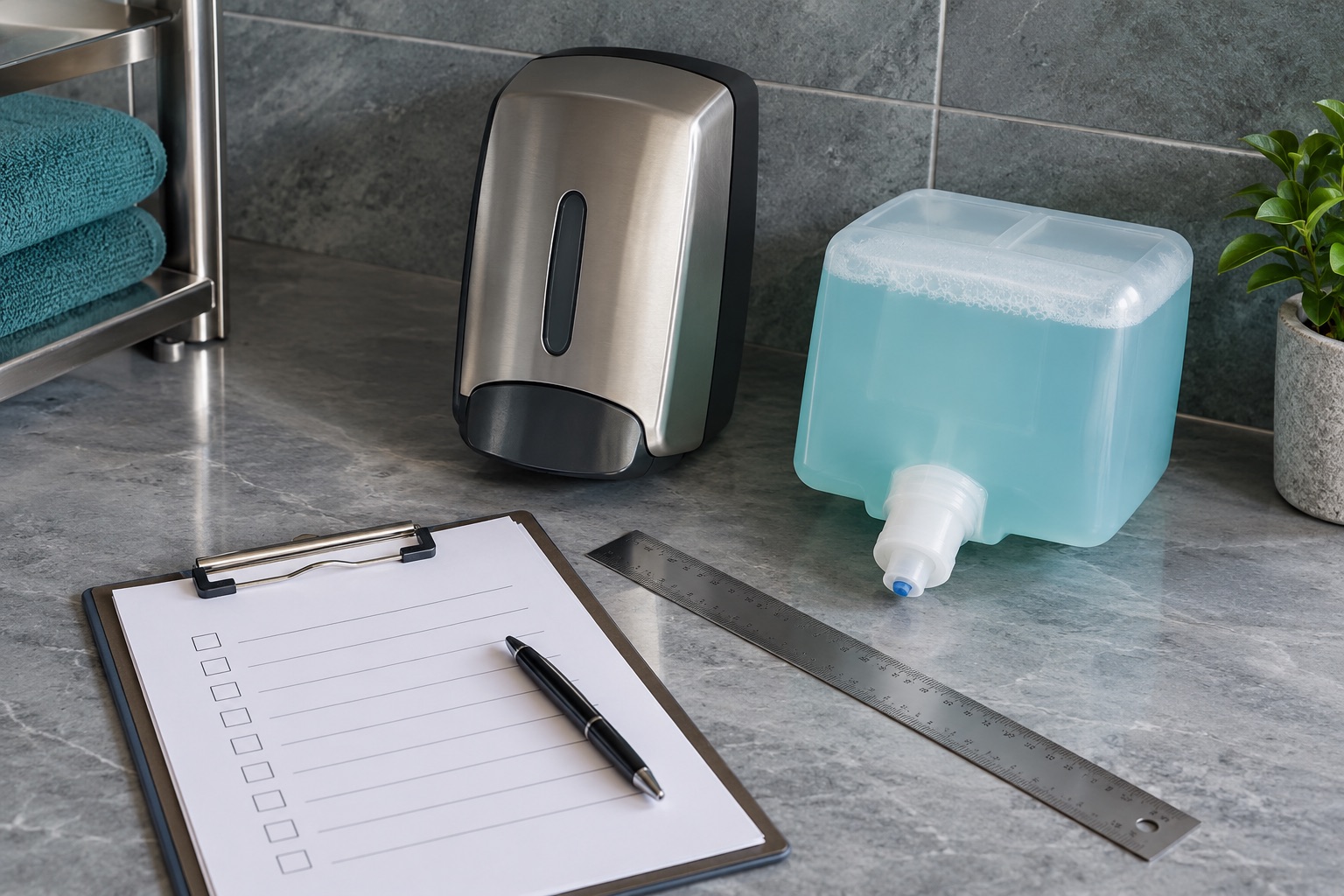 An overhead inventory scene with a soap dispenser, ruler, plain refill cartridge and blank checklist