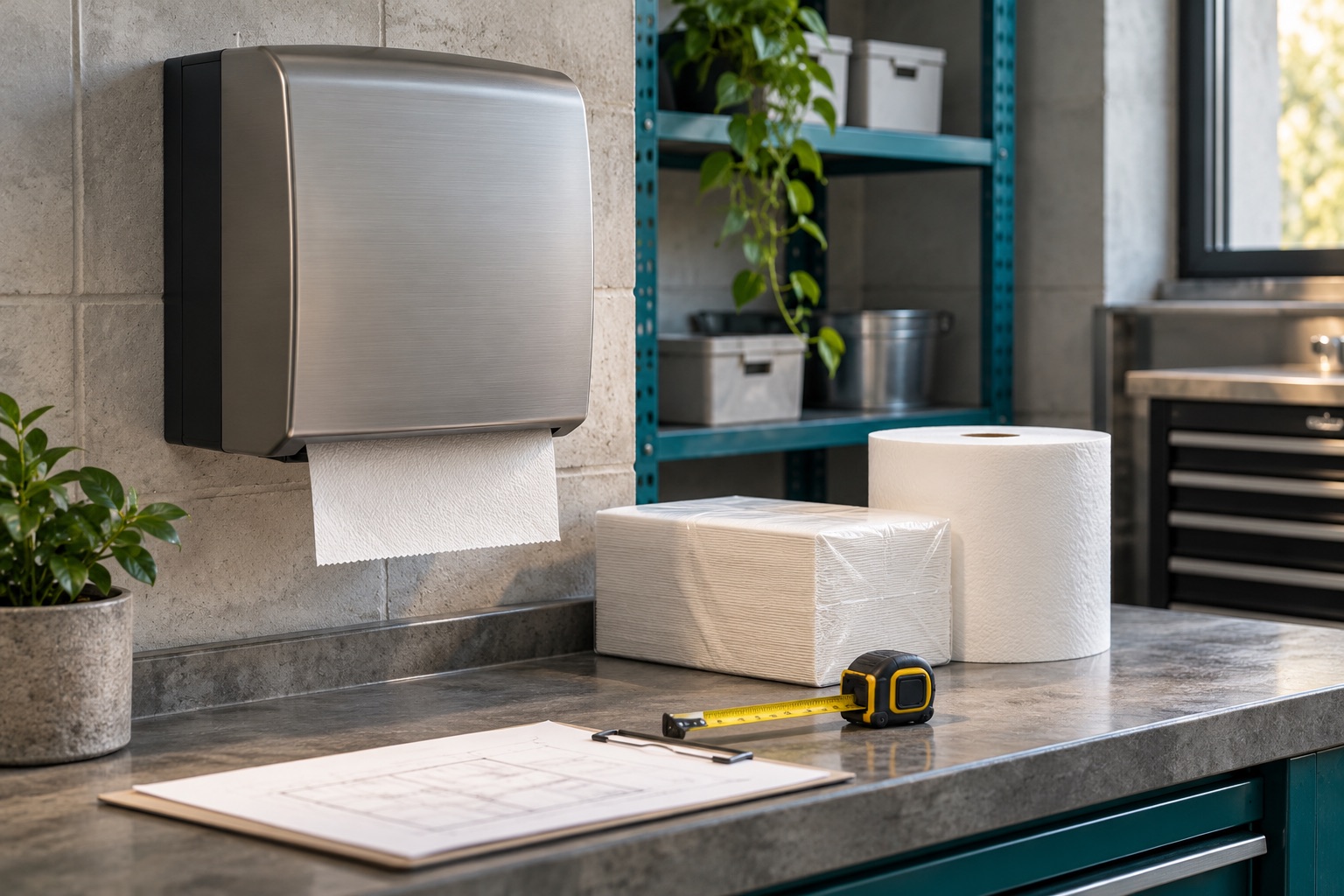 Distributeur de papier, ruban à mesurer et recharges sur un établi