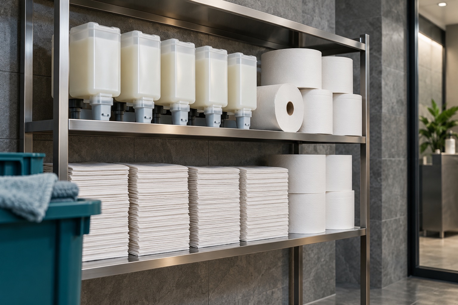 A storage shelf with clearly separated plain soap cartridges, paper rolls and folded towels